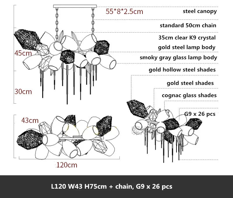 DecorBites™ Gold Steel LED Pendant Lights with Cognac/Gray Glass Shades