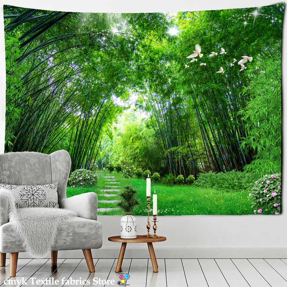 DecorBites™ Bamboo Forest Pigeon Path Tapestry: Hippie Psychedelic Wall Hanging for Natural Home Decor