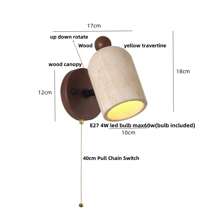 DecorBites™ LED Wall Light Fixture Up Down Rotate Pull Chain Switch Yellow Travertine Wood