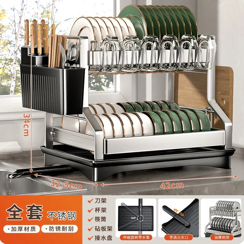 DecorBites™ 2 Tier Dish Drying Rack Utensils Storage Organizer with Drainboard