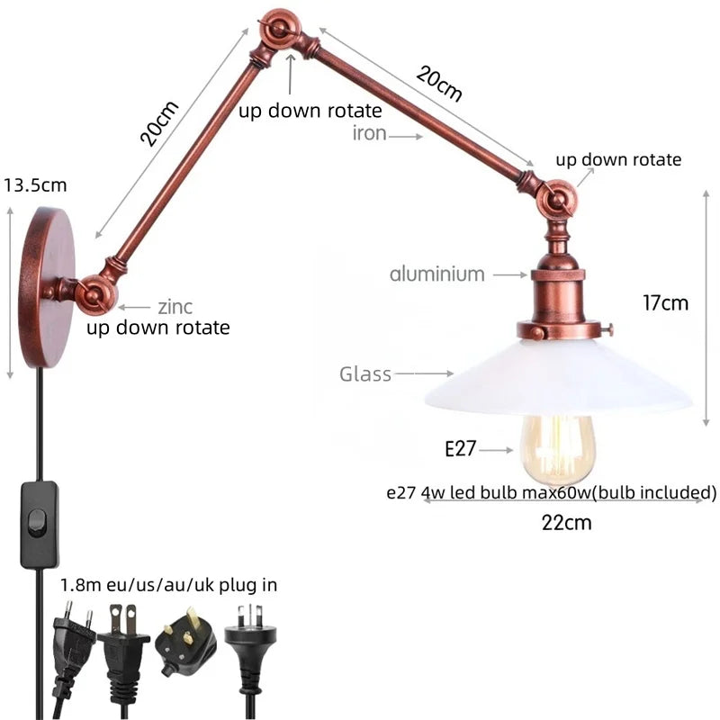 DecorBites™ Adjustable Glass Swing Arm LED Wall Sconce with Pull Chain Switch