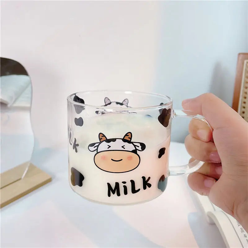 DecorBites™ 13.5oz Cow Pattern Glass Mug with Spoon Lid for Student Dormitory