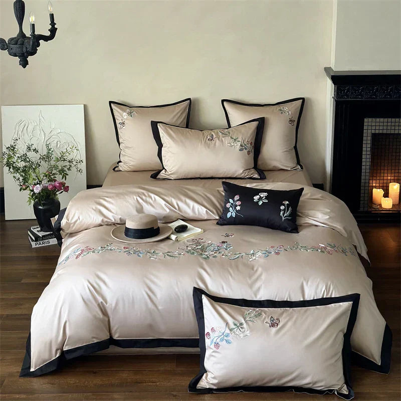 DecorBites™ 1000TC Cotton Butterfly Flowers Embroidery Bedding Set with Duvet Cover, Sheet, Pillowcases