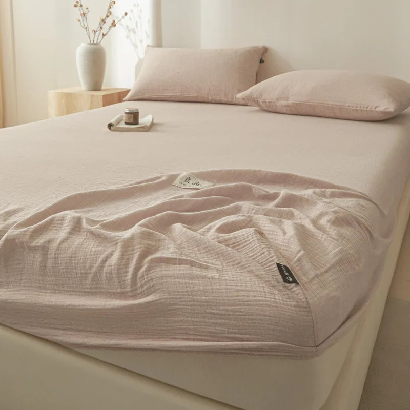 DecorBites™ Cotton Fitted Sheet: Wrinkled Yarn, Nordic Comfort, All Seasons Bed Cover