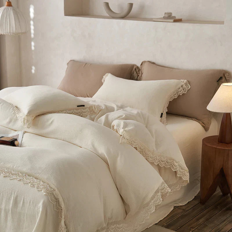 طقم شراشف سرير من القطن بحواف دانتيل من DecorBites™ لبشرة ناعمة مع لحاف وملاءات وأغطية وسائد