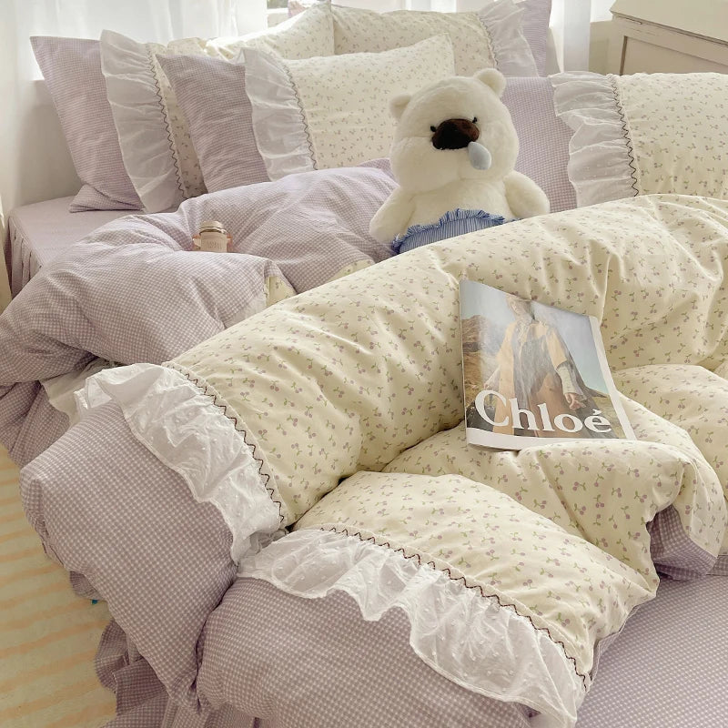 DecorBites™ Cotton Small Florals Princess Bedding Set - Queen Size - Duver Cover Bed Sheet Bed Skirt Pillowcases