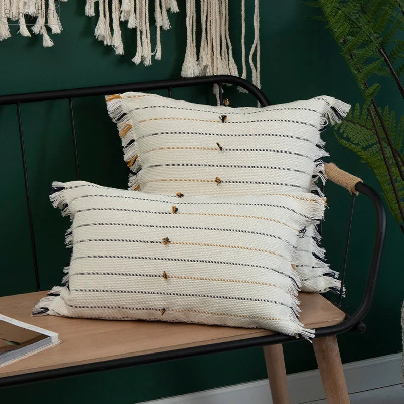 DecorBites™ Handmade Cotton Woven Cushion Tassels - Ivory Black Yellow Stripe Home Decor