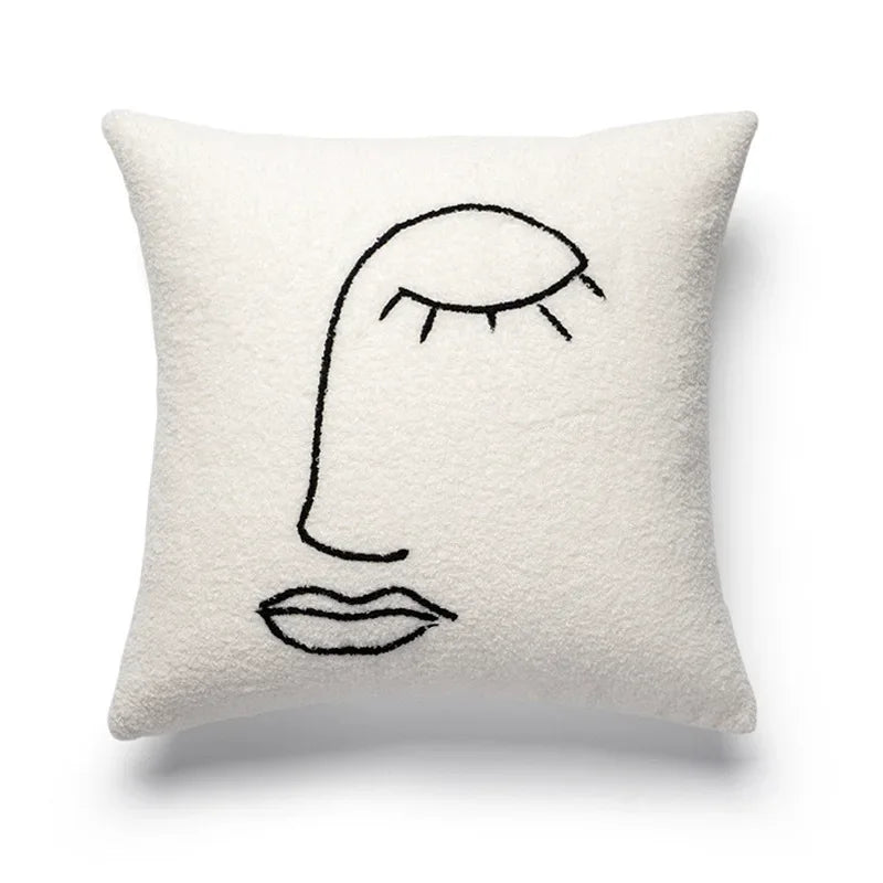 DecorBites™ غطاء وسادة بتطريز وجه من صوف الحمل 45x45 - غطاء وسادة فني تجريدي باللون البيج والأبيض