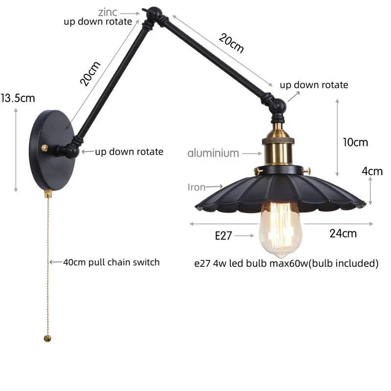 DecorBites™ Gold LED Industrial Wall Lamp with Pull Chain Switch
