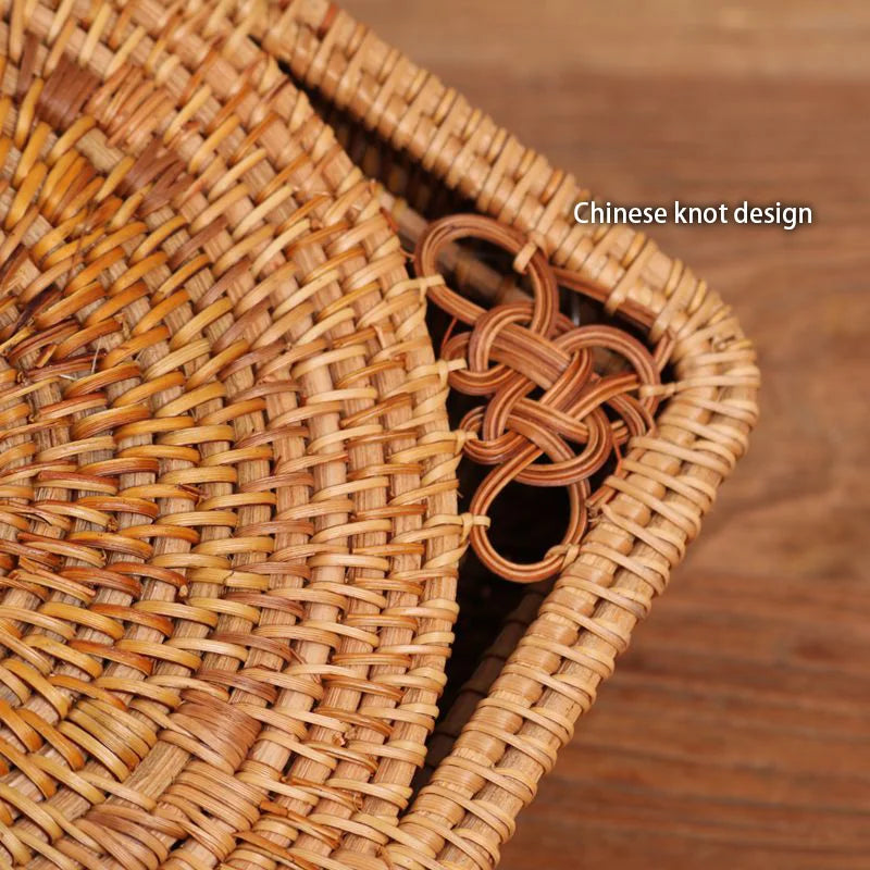 DecorBites™ Handwoven Rattan Storage Box with Lid Chinese Knot Ornament for Kitchen Organization