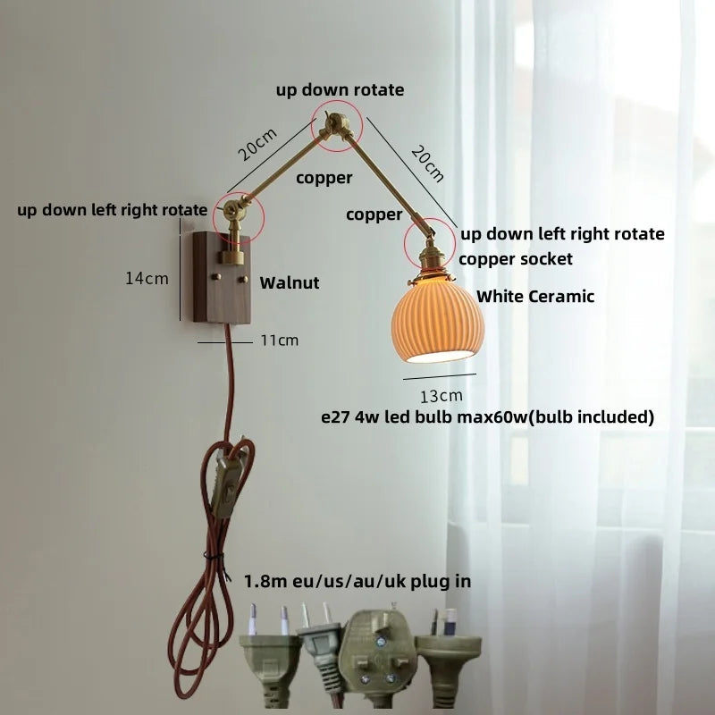 مصباح حائط سيراميك DecorBites™ على شكل كرة من خشب الجوز النحاسي مع مفتاح سحب بسلسلة