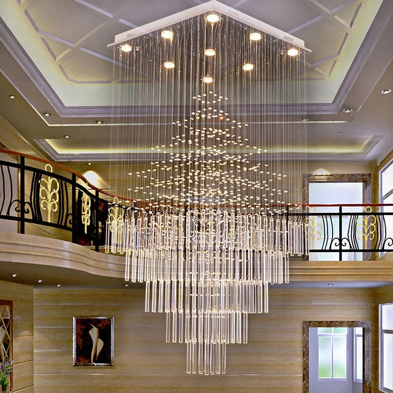 DecorBites™ Crystal Column Chandelier: Modern Square Base Hanging Lamp for Living Room, Stair Loft