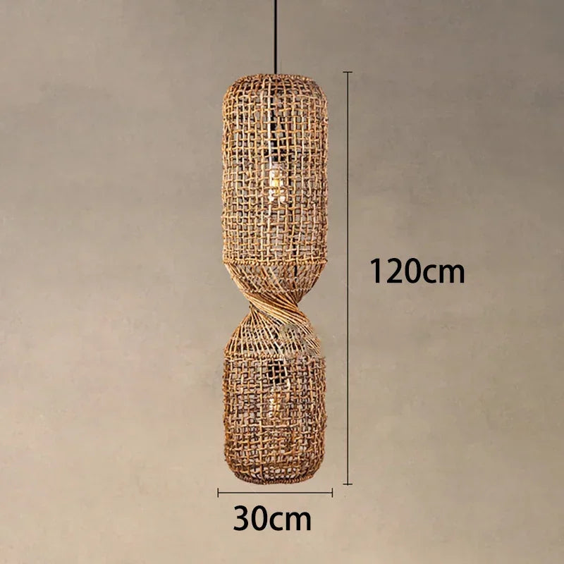 Vintage Hand-Woven Brown Rattan Cylinder Pendant Light
