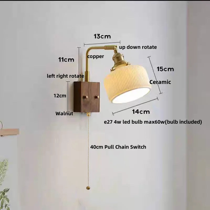 DecorBites™ LED Wall Light Walnut Wood Rotate Copper Bedside Lamp