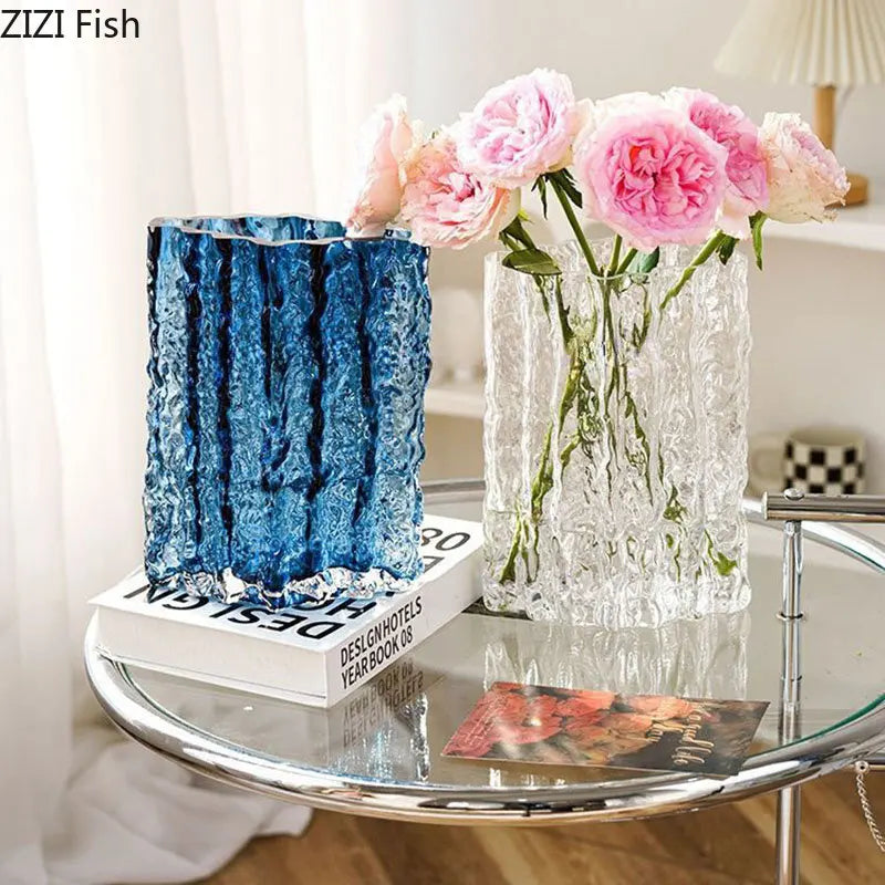 DecorBites™ Clear Ice Vase for Hydroponic Flowers Desk Decor Bouquets Minimalist Floral Arrangement Modern Glass Pot