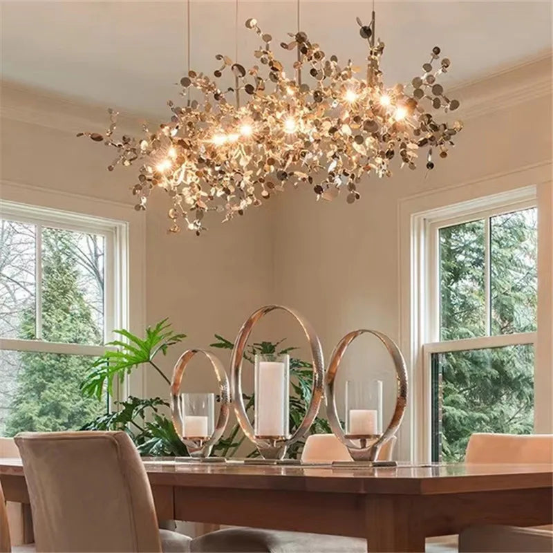 ثريا سقف كروم من DecorBites™ بتصميم ورقة شجر لغرفة المعيشة أو البار أو إضاءة الشرفة