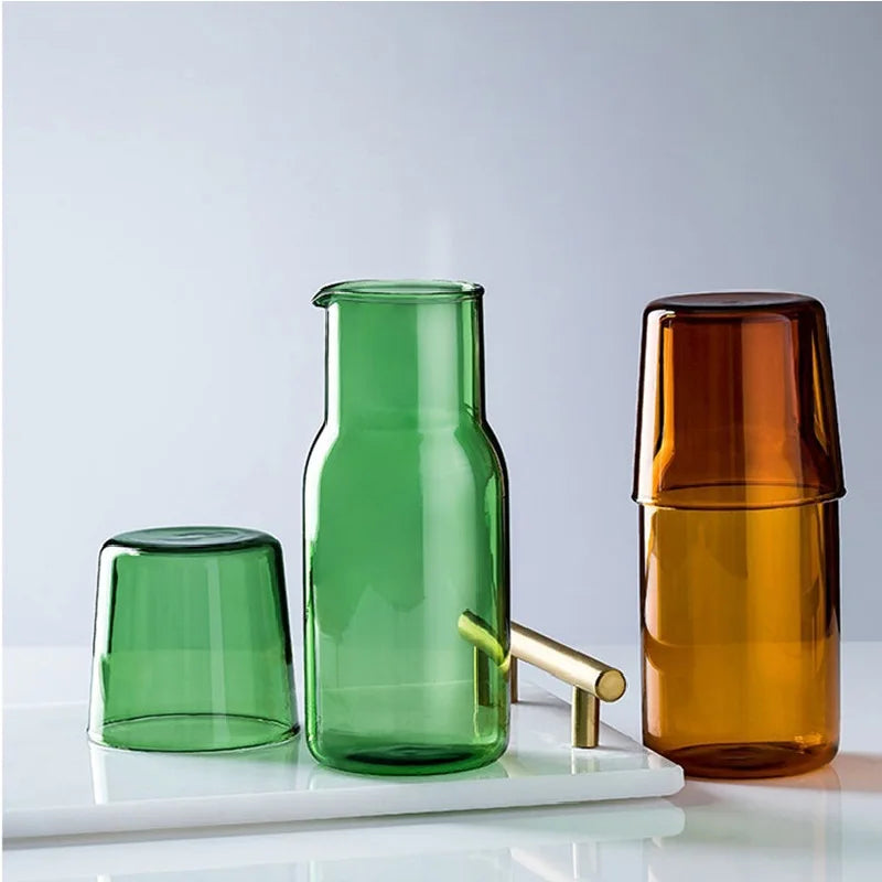 DecorBites™ 550ml Bedside Water Carafe and Glass Set in Blue, Amber, Teal, Grey Glass
