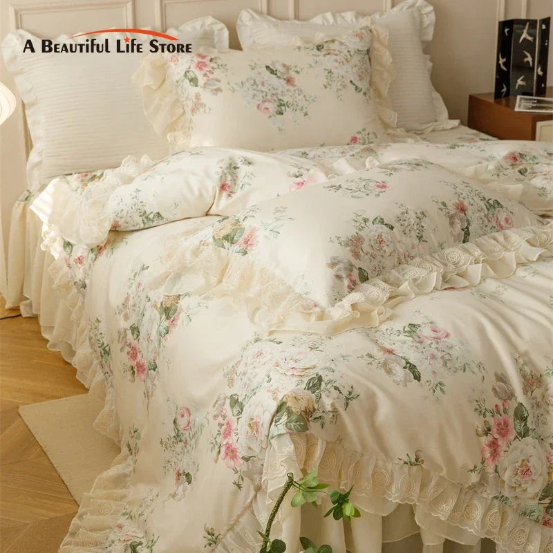 DecorBites™ French Country Flowers Print Bedding Set with Lace Ruffles