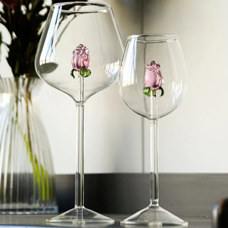 DecorBites™ 3D Rose Champagne Flute Glass: Unique Custom Wine Goblet Cup with Rose Inside