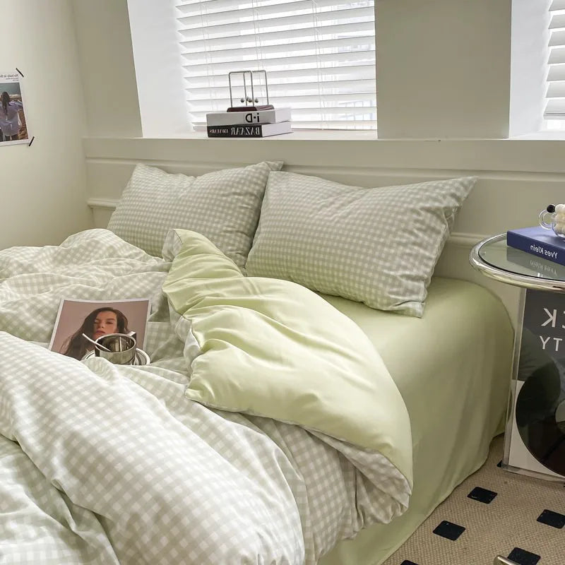 طقم مفروشات سرير قطني بطبعة شبكية يابانية من DecorBites™ مقاس كوين/كينغ لنوم مريح