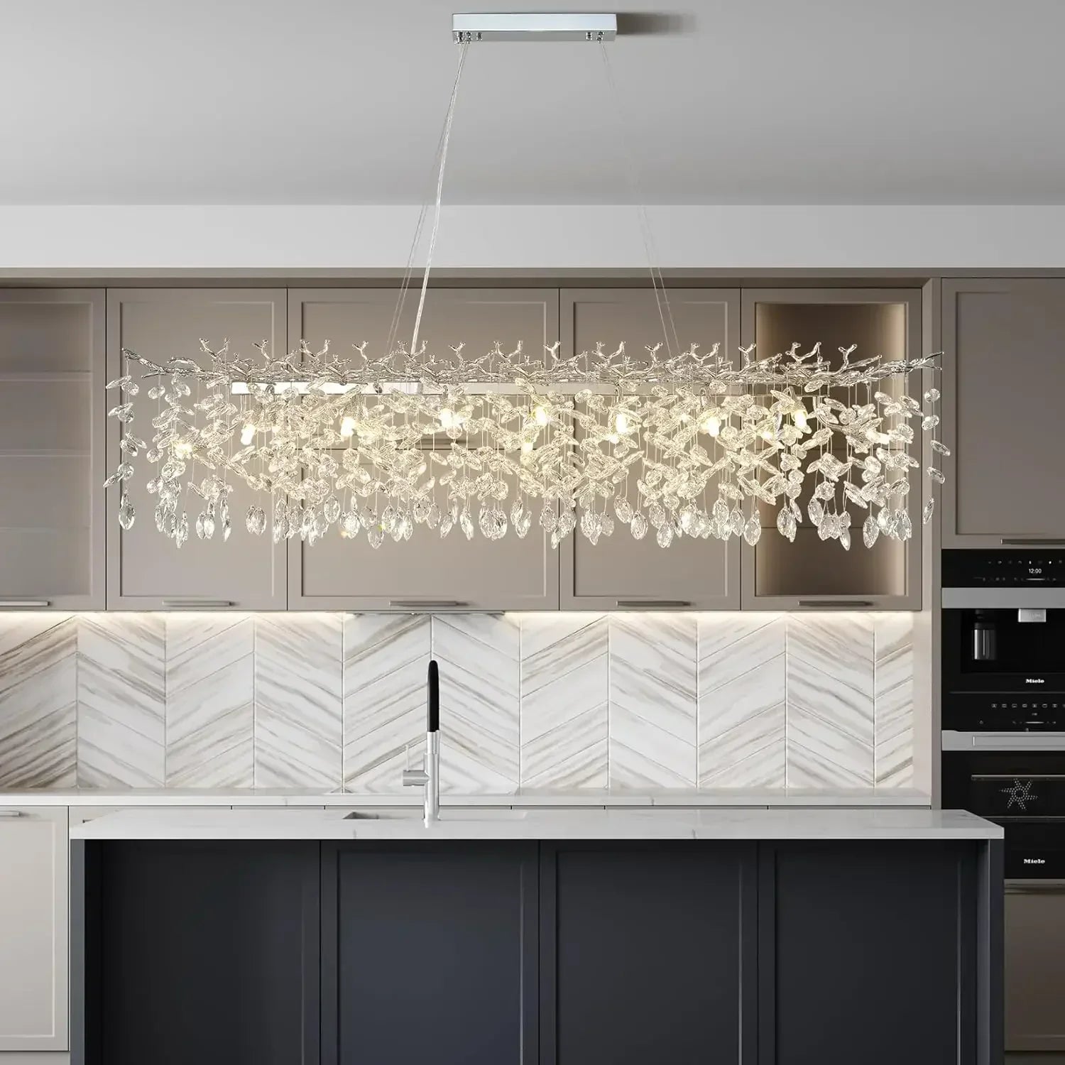 DecorBites™ Crystal Branch Chandelier for Dining, Living, Bedroom - Chrome - Round Design
