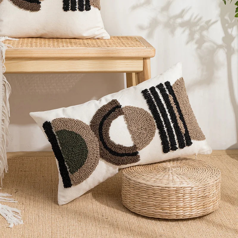DecorBites™ Geometric Embroidery Boho Loop Tufte Cotton Canvas Cushion Cover 45x45/30x50cm