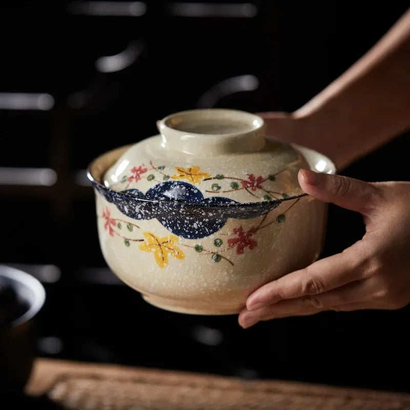 DecorBites™ Japanese Style Ramen Bowl with Lid | Ceramic Noodle Bowl for Soup, Rice, Porridge
