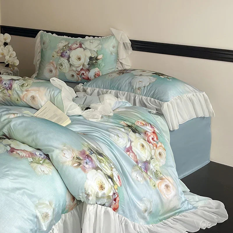 DecorBites™ French Flowers Lace Ruffles Bedding Set: Soft Silky Ice Silk for Single Queen King
