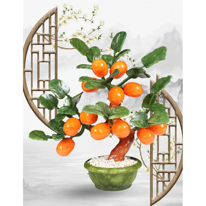 DecorBites™ بونساي شجرة اليشم الذهبية البرتقالية: زينة صينية مصنوعة يدويًا