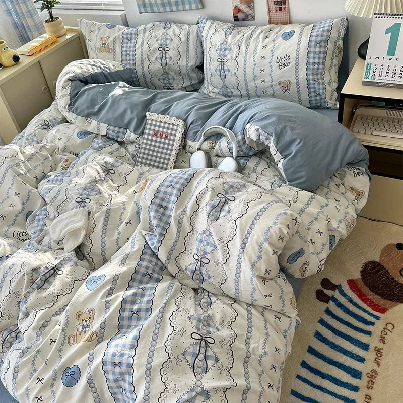 DecorBites™ Cute Cartoon Washed Cotton 4-Piece Bedding Set for Spring Soft Skin-Friendly Sheets
