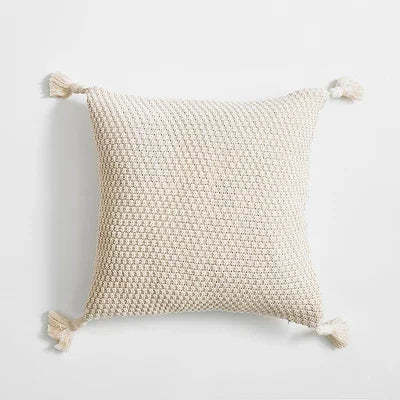 DecorBites™ Knitted Grey Ivory Geometric Pillow Cover with Tassels, 45cm x 45cm