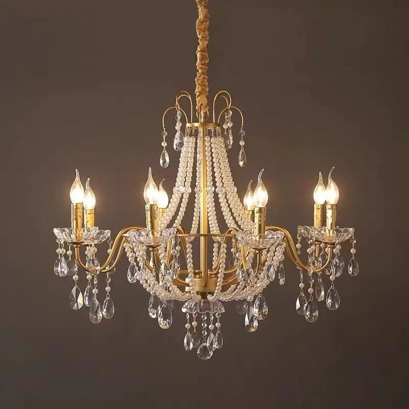 DecorBites™ ثريا ذهبية كريستالية لؤلؤية بمصابيح LED متدلية لإضاءة فاخرة لغرفة المعيشة