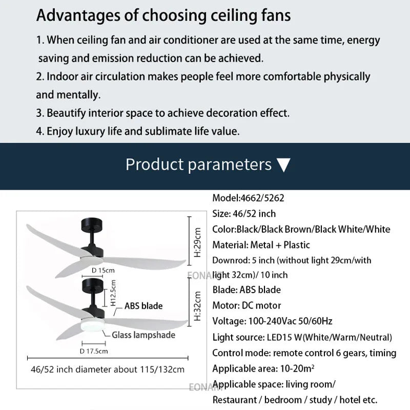 DecorBites™ 52" Plastic Blade Ceiling Fan with Remote Control for Bedroom