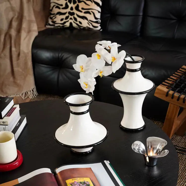 DecorBites™ Geometric Black White Stripes Ceramic Vase Home Decor Floral Arrangement