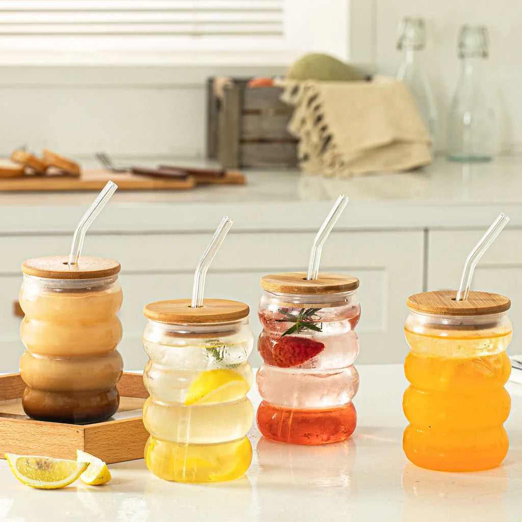 DecorBites™ Creative Glass Cup Set with Lid and Straw - Perfect for Parties