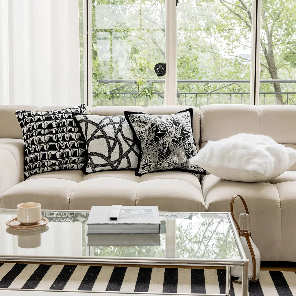 DecorBites™ Geometric Jacquard Embroidered Pillow Cover in Modern Minimalist Black and White Style