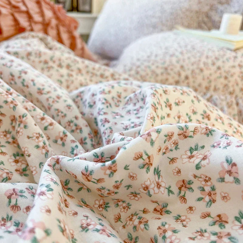 DecorBites™ Double Layer Lace Ruffles Floral Bedding Set with Duvet Cover, Bed Skirt, Pillows