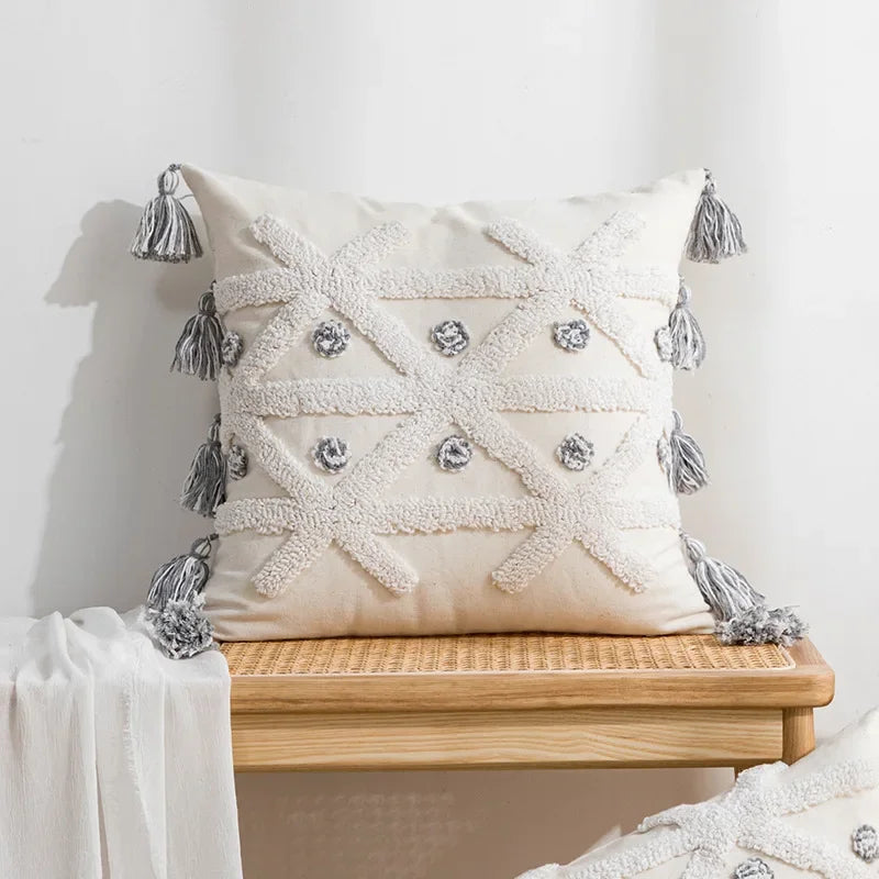 DecorBites™ Geometric Tufted Tassel Cushion Cover White Grey Bohemian Decor Pillow Cover