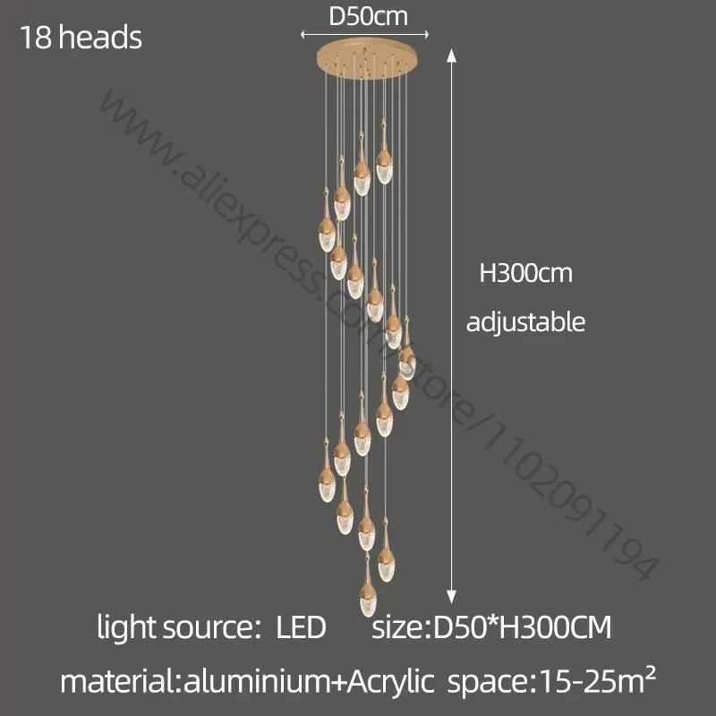 DecorBites™ Gold LED Staircase Chandelier: Elegant Luxury Large Pendant Lamp for Living Room