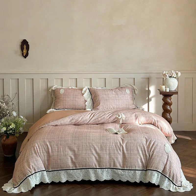 DecorBites™ French Lace Ruffles Lattice Bedding Set 1000TC Egyptian Cotton Duvet Cover Sheets Pillows