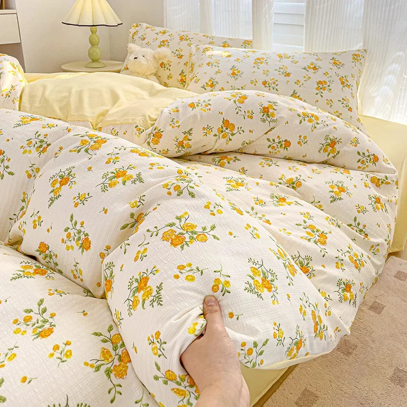 DecorBites™ Cotton Flower Printed Comforter Set: Breathable Double-Layer Yarn, Soft Bedding for Girls
