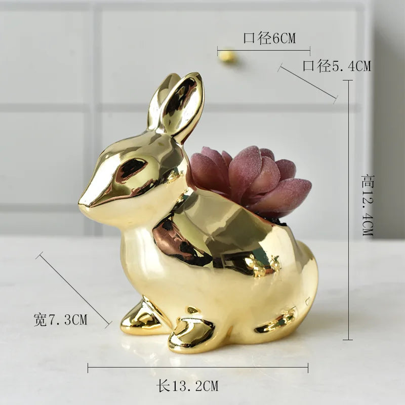 DecorBites™ Golden Rabbit Ceramic Flower Pot | Cartoon Succulent Planting Vase
