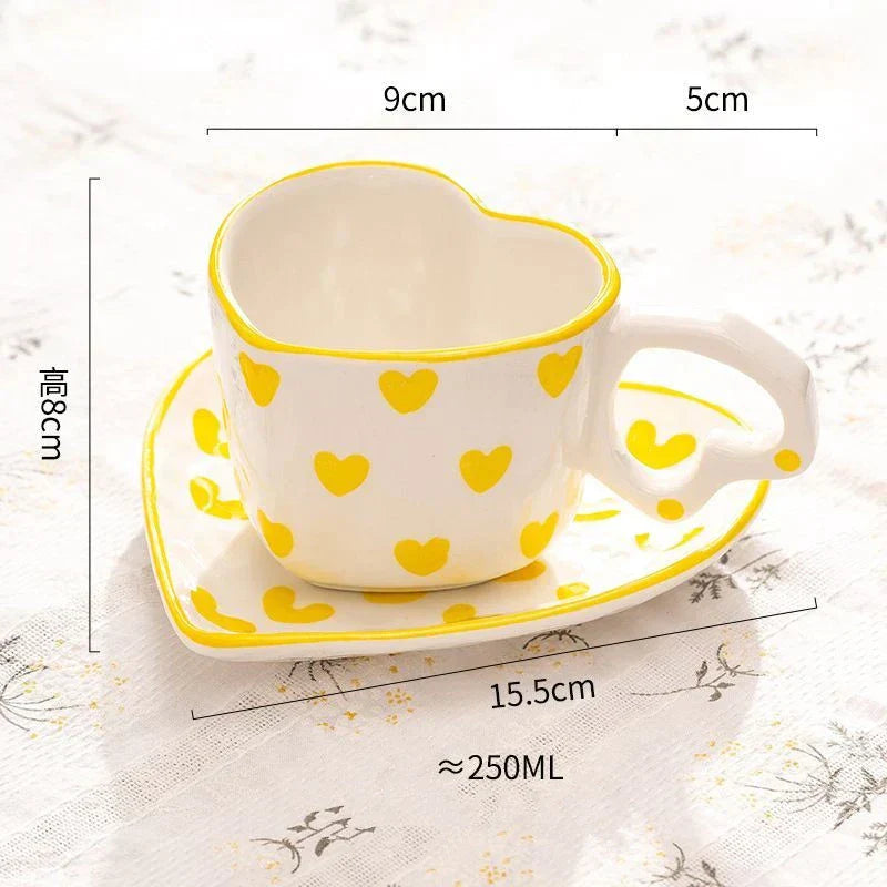 DecorBites™ 250ml Coffee Cup and Saucer Set with Heart Handle Hand-painted Pink Hearts