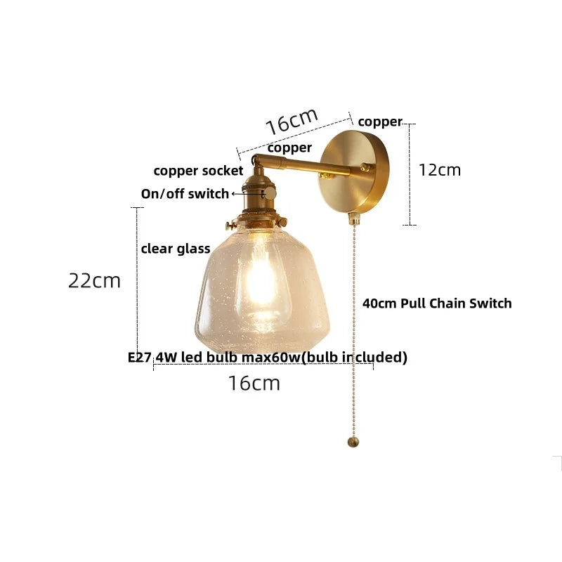 DecorBites™ Clear Glass LED Wall Sconce, Modern Rotating Bedside Lamp with Pull Chain & Copper Socket