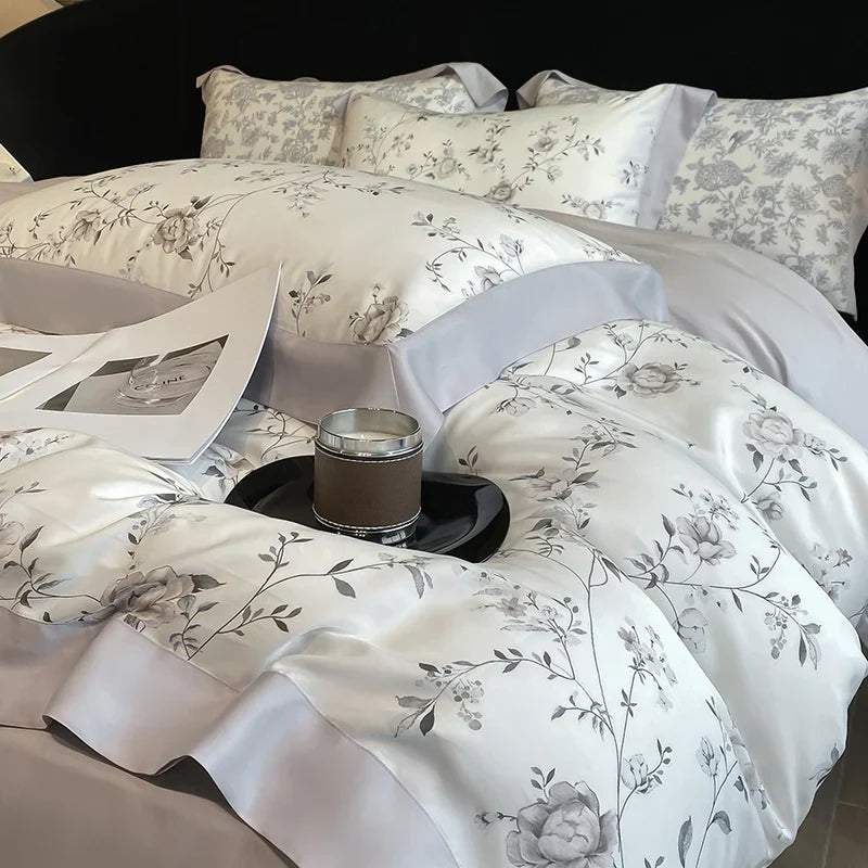 DecorBites™ Eucalyptus Fiber Flowers Bedding Set: Duvet Cover, Bed Sheet, Pillowcase - 4Pcs