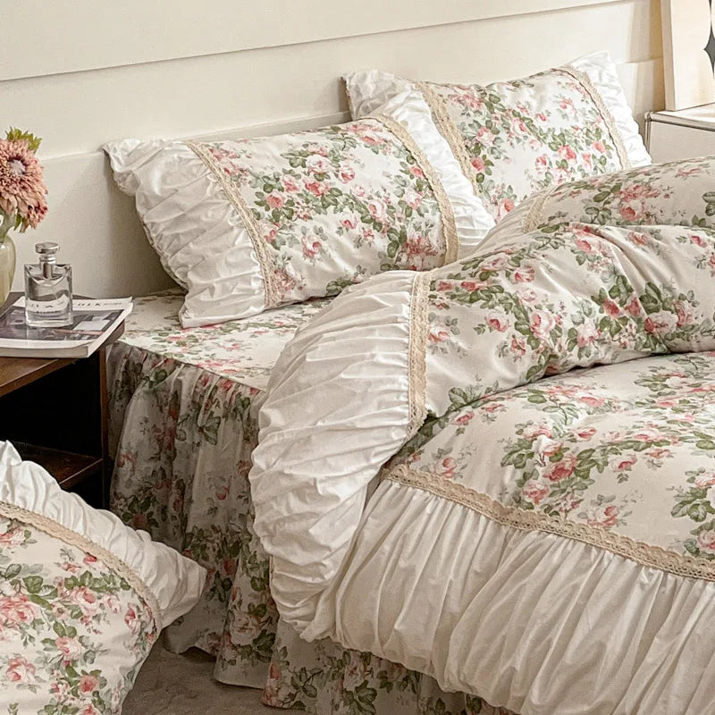 DecorBites™ French Pastoral Princess Lace Bedding Set with Ruffles, 100% Cotton, Queen King