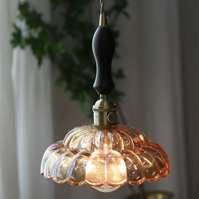DecorBites™ Amber Glass Walnut Wood LED Pendant Lamp with Copper Knob Switch