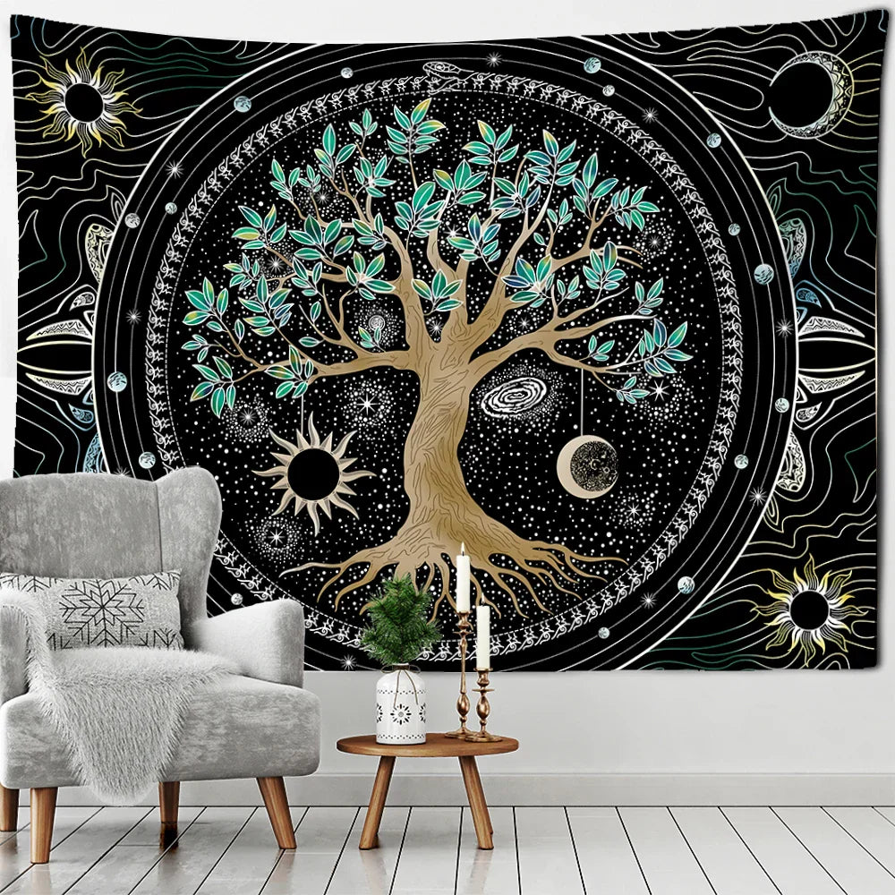 مفروشات حائط من DecorBites™ بتصميم شجرة الحياة الخضراء لديكورات غرف بوهيمية
