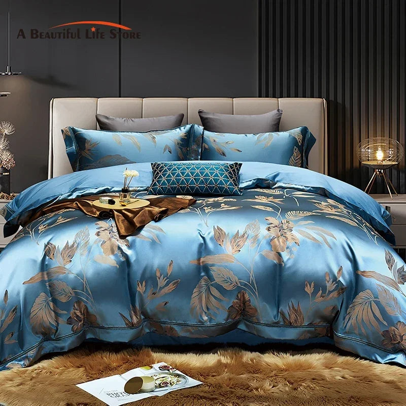 طقم مفروشات DecorBites™ من القطن الجاكار بنقشة أوراق ذهبية مع غطاء لحاف ناعم من القطن المصري