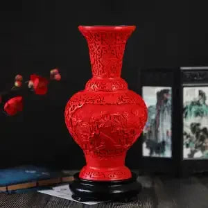 DecorBites™ 10-inch Red Lacquerware Flower Auspicious Vase